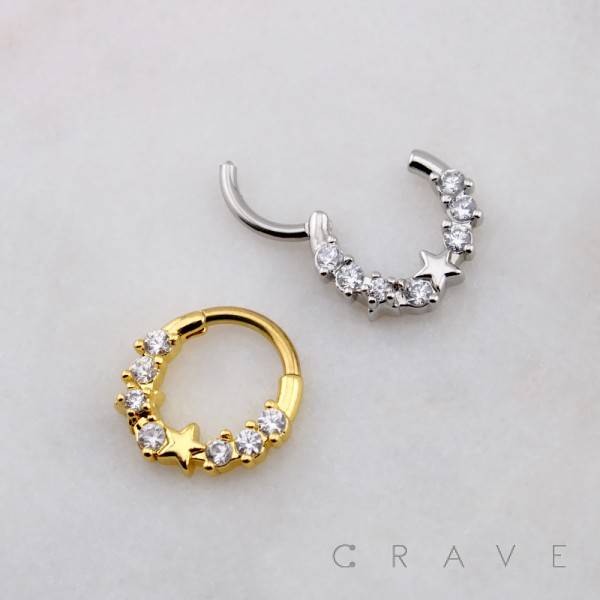 MULTI CLUSTER CZ STAR CENTER SEPTUM HINGED SEGMENT HOOP RING 316L SURGICAL STEEL 